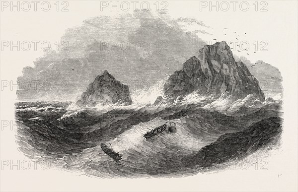 WRECK OF THE NEW COMMERCIAL BRIG, ON THE BRISSON ROCKS, ON THE COAST OF CORNWALL, UK. THE RESCUE, 1851 engraving