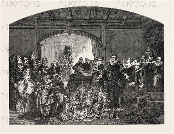 WILLIAM OF NASSAU, AND THE MONEY-LENDERS. PAINTED BY CLAUDIUS JACQUAND, 1803-1878. FROM THE GALLERY OF THE LATE KING OF HOLLAND, 1851 engraving