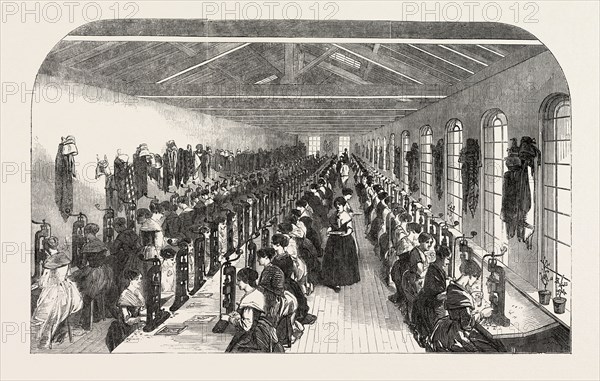 THE MANUFACTURE OF STEEL PENS IN BIRMINGHAM, UK: THE SLITTING ROOM FOR PENS, 1851 engraving