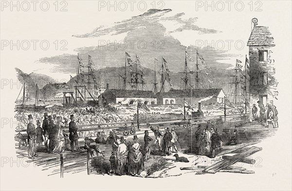 RECEPTION OF A MONSTER RAILWAY BAR, AT PORT TALBOT, GLAMORGANSHIRE, UK, 1851 engraving