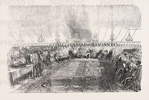 THE RECEPTION IN FULL DURBAR, AT WUZEERABAD, OF THE MAHARAJA GOOLAB SING, BY THE GOVERNOR-GENERAL OF INDIA, 1851 engraving