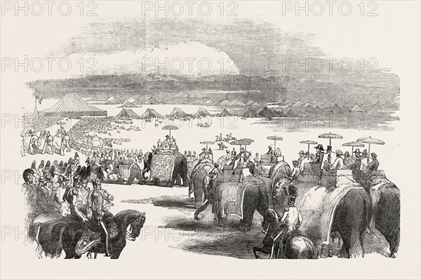 THE GOVERNOR-GENERAL OF INDIA PROCEEDING IN STATE TO RETURN THE VISIT OF THE MAHARAJA GOOLAB SING; THE CAMP AT KASHMEER, 1851 engraving
