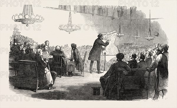 MEETING FOR THE REPEAL OF THE TAXES ON KNOWLEDGE, AT ST. MARTIN'S HALL, LONG ACRE, LONDON, UK, 1851 engraving