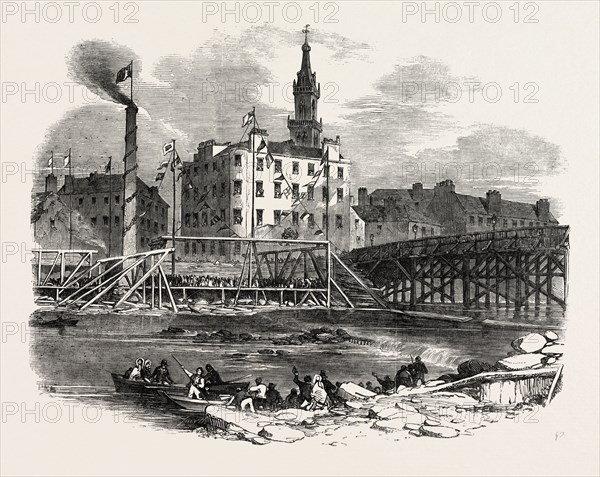 LAYING THE FIRST STONE OF TILE VICTORIA BRIDGE, GLASGOW, UK, 1851 engraving
