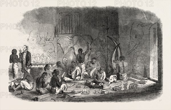 IVORY-CUTTERS AT BERHAMPOOR, BRAHMAPUR, (BENGAL), INDIA, FOR THE GREAT EXHIBITION IN LONDON, UK, IVORY, 1851 engraving