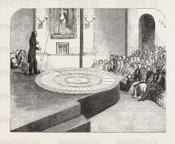 THE ROTATION OF THE EARTH MADE VISIBLE, AT THE POLYTECHNIC INSTITUTION, REGENT SREET, LONDON, UK, 1851 engraving