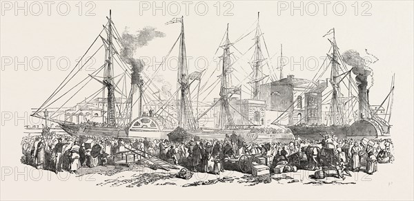 DEPARTURE OF THE NIMROD AND ATHLONE STEAMERS, WITH EMIGRANTS ON BOARD, FOR LIVERPOOL, UK, 1851 engraving