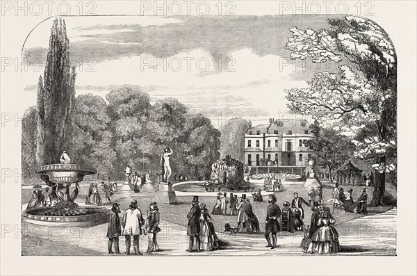 M. SOYER'S SYMPOSIUM OF ALL NATIONS, GORE HOUSE, KENSINGTON, THE GARDENS, LONDON, UK, 1851 engraving