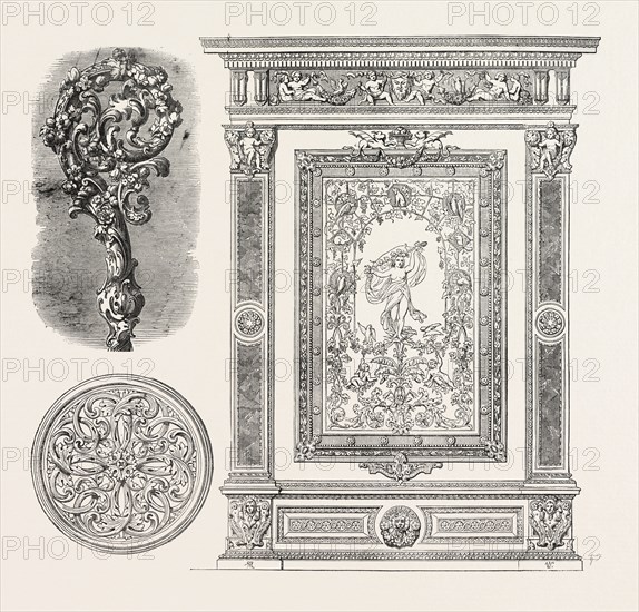CROZIER HEAD, BY W.G. ROGERS, VENTILATOR FOR CEILING, BY BIELEFIELD, WALL DECORATION, BY G.J. MORANT, 1851 engraving