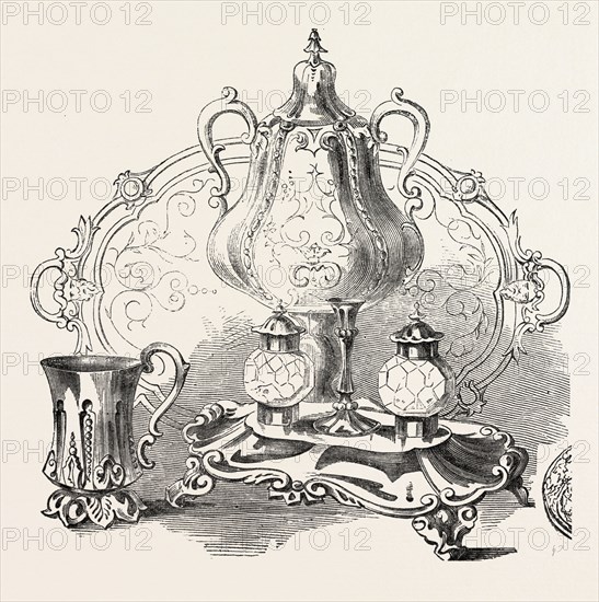 GROUP OF PLATED WARE, BY MESSRS. BRADBURY, OF SHEFFIELD, UK, 1851 engraving