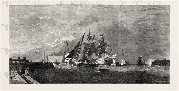 EXHIBITION OF THE SOCIETY OF PAINTERS IN WATER COLOURS, VESSELS LEAVING THE HARBOUR OF GREAT YARMOUTH PAINTED BY E. DUNCAN, UK, 1851 engraving