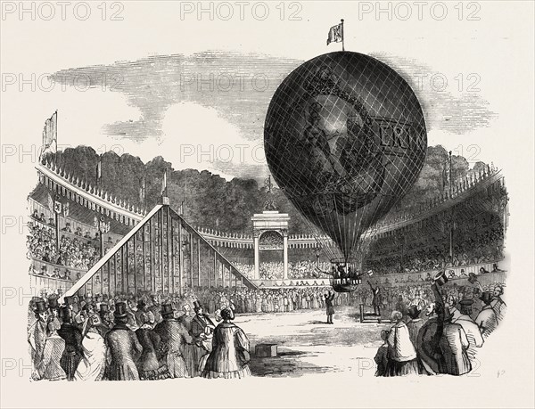 ASCENT OF MR. HAMPTON'S ERIN-GO-BRAGH BALLOON, AT BATTY'S ROYAL HIPPODROME, KENSINGTON, LONDON, UK, 1851 engraving