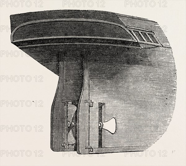 DUPLEX RUDDER AND SCREW-PROPELLER; This invention has been patented by Captain E.I. Carpenter, and the engraving represents a vessel with two rudders and two screw propellers, 1851 engraving