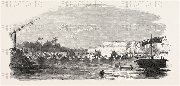 LINE OF RAILWAY FROM CALCUTTA TO DELHI: FORTRESS OF ALLAHABAD, BRIDGE OF BOATS ACROSS THE JUMNA, INDIA, 1851 engraving