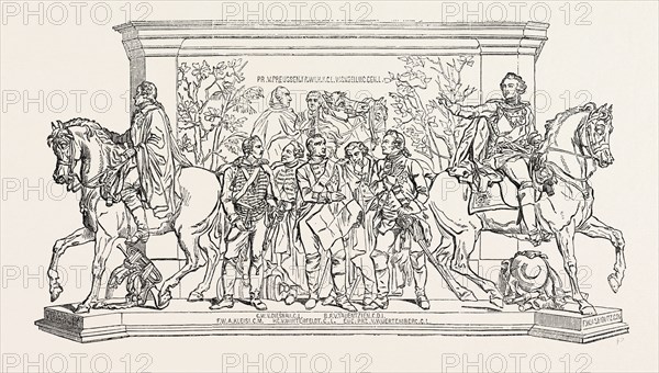 STATUE OF FREDERICK THE GREAT, SIDE OF PEDESTAL, BERLIN, GERMANY, 1851 engraving