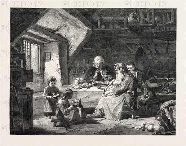 EXHIBITION OF THE BRITISH INSTITUTION, THE GRACE PAINTED BY F. GOODALL; SAYING A PRAYER BEFORE DINNER, 1851 engraving