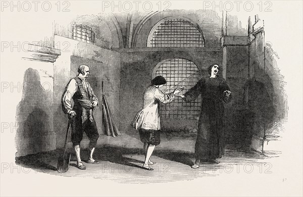 SCENE FROM BEETHOVEN'S FIDELIO, AT THE ROYAL ITALIAN OPERA, LONDON, UK; Grieve and Telbin's courtyard of the Spanish state prison, with the principal entrance in the background and the dungeons right and left, is an effectively arranged tableau, the effect of which is increased by the coming in of the prisoners, after they have received permission from Rocco, the gaoler (Formes), to take some fresh air in the garden, yielding to the earnest solicitations of Fidelio (Mdme. Castellan) and Marcellina (Mdlle. Bertrandi), 1851 engraving