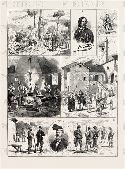 THE CIVIL WAR IN SPAIN: 1. Advanced Guard of Carlists in the Mountains of Montseny. 2. General Savalls. 3. Carlist Sentinel. 4. Reception of Carlists by Village Priests. 5. Inside a Mountain Inn. 6. Republican National Guards from Barcelona. 7. Xich de la Barraqueta, Colonel of Republitan Volunteers. 8. Republican Volunteers, 1873 engraving