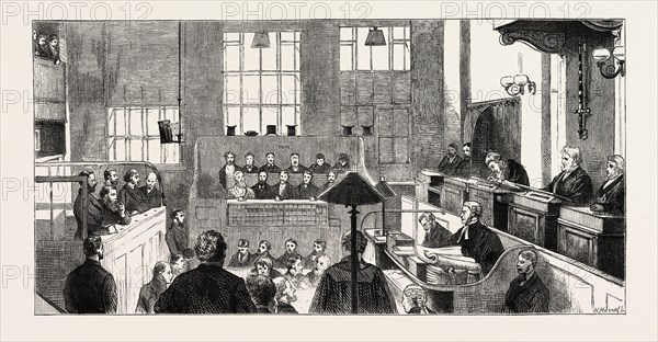 THE GREAT CITY FORGERIES: TRIAL OF THE ACCUSED AT THE CENTRAL CRIMINAL COURT. Austin Biron Bidwell; George Macdonnell; George Bidwell; Edwin Noyes; Henry Avory, Esq., Clerk of the Court; Mr. Justice Archibald Alderman; Sir W.R. Carden, 1873 engraving