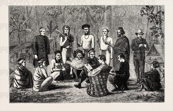 INDIAN SKETCHES: THE LATELY INDEPENDENT GARO CHIEFS TENDERING THEIR SUBMISSION TO CAPTAIN WILLIAMSON, THE DEPUTY COMMISSIONER AT RONGRENGIRRI. Garo Chiefs; Captain Williamson; Sibchurn Interpreter; A Baboo (Native Clerk); Mr. Cawley, Assistant-Superintendent of Police, INDIA, 1873 engraving