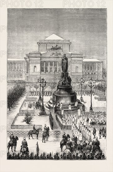 UNVEILING THE STATUE OF CATHERINE II AT ST. PETERSBURG, RUSSIA: THE CEREMONY OF UNVEILING THE STATUE, 1873 engraving