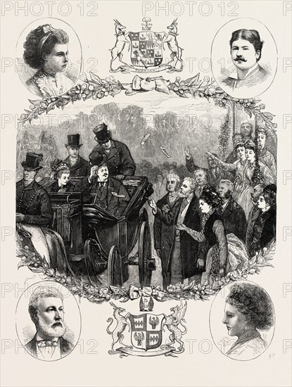 THE DUKE OF HAMILTON'S WEDDING AT KIMBOLTON CASTLE: AFTER BREAKFAST, DEPARTURE OF THE BRIDE AND BRIDEGROOM. TOP LEFT PORTRAIT: THE DUCHESS OF HAMILTON; TOP RIGHT PORTRAIT: THE DUKE OF HAMILTON; BOTTOM LEFT PORTRAIT: THE DUKE OF MANCHESTER; BOTTOM RIGHT PORTRAIT: THE DUCHESS OF MANCHESTER, UK, 1873 engraving