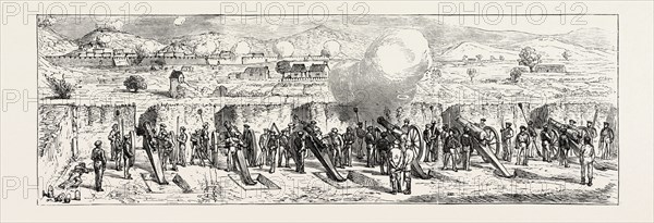 THE CARTAGENA INSURRECTION, SPAIN: THE BOMBARDMENT, GOVERNMENT BATTERY OF 70lb. BRONZE GUNS NEAREST THE CITY FIRING ON THE FORTS, 1873 engraving