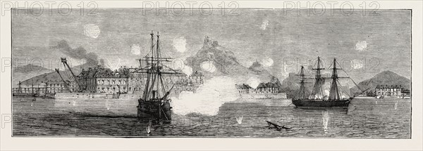 THE CARTAGENA INSURRECTION, SPAIN: THE BOMBARDMENT, INSURGENT FRIGATES FIRING FROM THE HARBOUR ON THE GOVERNMENT LAND BATTERIES, 1873 engraving