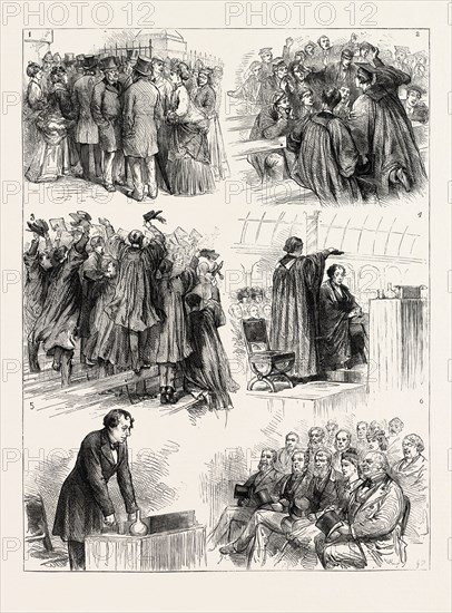 MR. DISRAELI'S VISIT TO GLASGOW: 1. The Crowd outside the Kibble Palace. 2. Embryo Divines amusing themselves. 3. Cheering the Lord Rector. 4. Capping the Lord Rector. 5. Mr. Disraeli at the Desk. 6. Some of his listeners, 1873 engraving