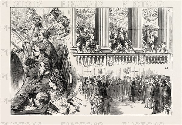 THE FRENCH CRISIS, SKETCHES AT VERSAILLES DURING THE RECENT CONSTITUTIONAL DEBATE, FRANCE: 8. Public Tribune. 9. Diplomatic Tribune: a Mgr. Chigi (Nuncio); b Prince Orloff (Russia); c Count Arnim (Prussia); d American Lady taking the Place of Ambassador; e Attache of Spanish Embassy. 10. M. Thiers leaving the Railway Station after Tuesday's Debate, 1873 engraving