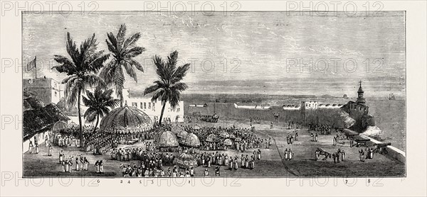 THE ASHANTEE WAR, READING THE QUEEN'S LETTER AT THE PALAVER OF KINGS AT ACCRA, GHANA: GENERAL VIEW OF THE MEETING; 1. King's Umbrella's. 2. Umbrella Tent of Special Commissioner and Staff. 3. King's Drums with Skulls fastened on each. 4. Retinue of Armed Men. 5. Table in front of Special Commissioner on which Queen Victoria's Letter is laid. 6. Guard of 200 Houssas behind Special Commissioner. 7. Fort James. 8. Lighthouse., 1873 engraving