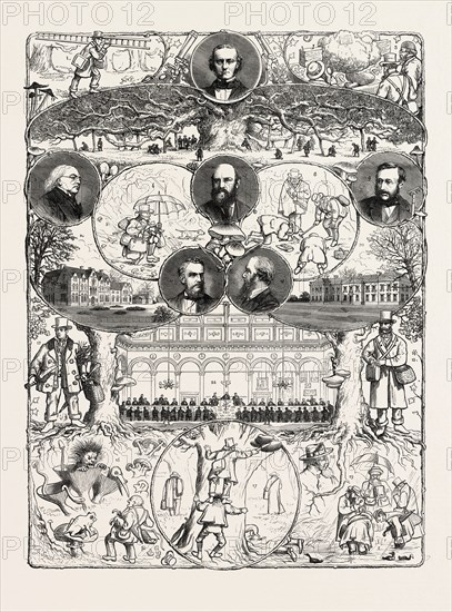 A WEEK WITH THE HEREFORD FUNGUS EATERS: 1. The Fungology by Easy Steps. 2. Dr. Bull, M.D., J.P., Hereford. 3. The Great Fungus from the Bank of England and Royal Observatory, Greenwich. 4. Gathering fungi under the Monarch, Holm Lacy Park. 5. The Rev. M.J. Berkeley, M.A. 6. In the rear of advanced science. 7. Sir George H. Cornewall, Bart. 8. Raking for Truffles. 9. C.E. Broome, M.A. 10. Bryngwyn. 11. Worthington G. Smith, F.L.S. 12. The Rev. James Davies, M.A. 13. C.B. Plowright, Surgeon. 14. Fungus Dinner at Green Dragon. 15. The Rev. Wm. Houghton, M.A. 16. Mental Effects of Fungus Poisoning. 17. Gathering the Vegetable Beef Steak. 18. Edwin Lees, F.L.S. 19. Gathering the Marsh Mitrula. 20. Holm Lacy House, 1873 engraving