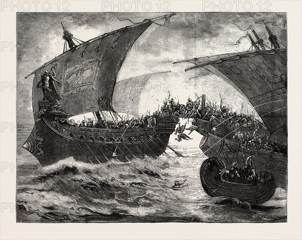 THE BATTLE OF ACTIUM, SCENE FROM ANTONY AND CLEOPATRA AT DRURY LANE THEATRE, LONDON, UK, 1873 engraving