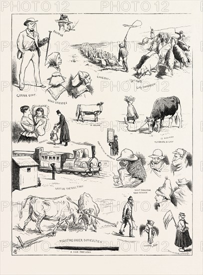 JOTTINGS IN A RAILWAY CARRIAGE FROM VIENNA TO ROTTERDAM: GERMAN GENT, BAVARIAN, HEAD DRESSES, GOOSE BOY, GIRL SWINEHERDS, NURNBERG, PASSAU, IN HOLLAND, TETHERING A COW, SALUTING THE MAIL TRAIN, A CIGAR FROM VIENNA, COMING FROM MARKET, COUNTRY MAN, DANGER SIGNAL IN HOLLAND, NIGHT TRAIN FROM VIENNA TO COLOGNE, 1873 engraving