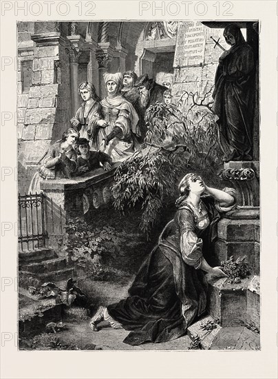 MARGARET BEFORE THE IMAGE OF THE MATER DOLOROSA: A SCENE FROM GOETHE'S FAUST, GOETHE, 1873 engraving