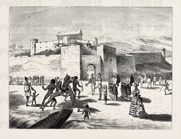 THE ASHANTEE WAR, ARRIVAL OF THE GOVERNOR AT CAPE COAST CASTLE: The delighted Fantees, The Beauty and Fashion, The Tom-Tom Band, The Governor landed through Surf by Friendly Natives, The Colonial Secretary, The Guard of Honour, 2nd West India Regiment, The Rank and Fashion, The Mob, ANGLO ASHANTI WAR, GHANA, 1873 engraving