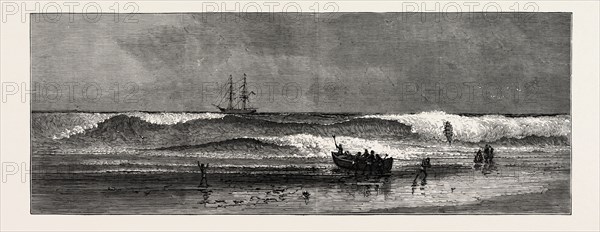 THE WEST COAST OF AFRICA: THE ASHANTEE WAR: LANDING THROUGH THE SURF AT ASSINEE, ANGLO ASHANTI WAR, GHANA, 1873 engraving