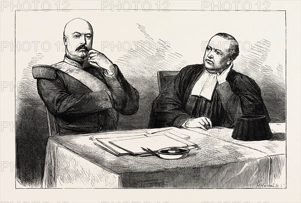 TRIAL OF MARSHAL BAZAINE AT VERSAILLES, FRANCE: THE MARSHAL AND HIS COUNSEL, MAITRE LACHAUD, 1873 engraving