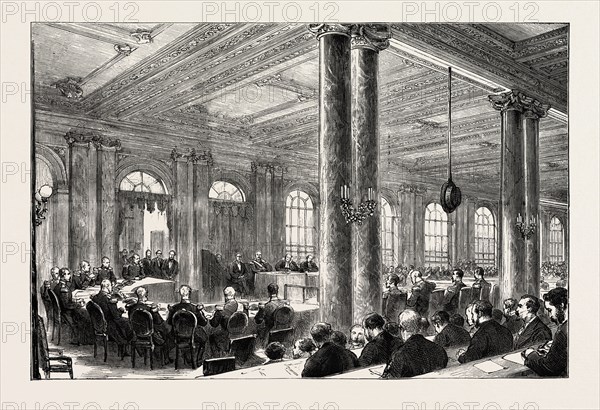 TRIAL OF MARSHAL BAZAINE AT VERSAILLES, FRANCE: GENERAL VIEW OF THE COURT; Duc d'Aumale, Marshal Bazaine, M. Lachaud, Reporters' Box, 1873 engraving