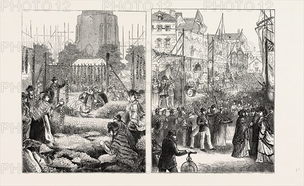 ONION FAIR AT BIRMINGHAM (LEFT IMAGE); GOOSE FAIR AT NOTTINGHAM (RIGHT IMAGE), UK, 1873 engraving