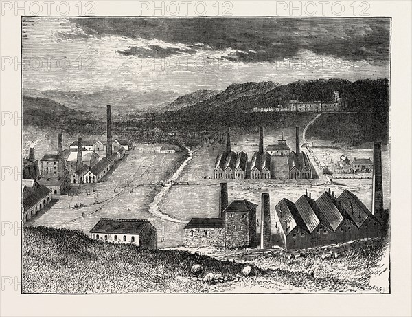 THE STRIKE IN SOUTH WALES, UK: THE CYFARTHFA IRONWORKS AND CASTLE, THE RESIDENCE OF MR. CRAWSHAY, 1873 engraving