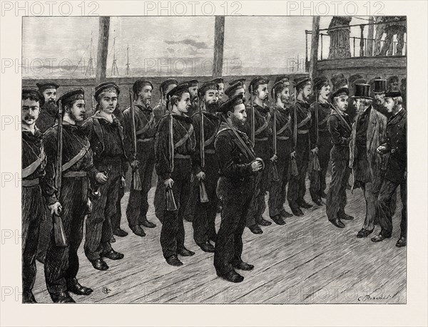 THE NEW CORPS OF ROYAL NAVAL ARTILLERY VOLUNTEERS: INSPECTION BY REAR-ADMIRAL TARLETON, C.B., ON BOARD H.M.S. PRESIDENT, 1873 engraving