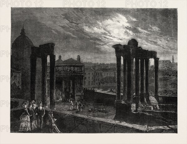 THE ROMAN FORUM BY MOONLIGHT, ITALY, 1873 engraving