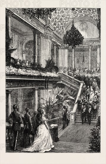 THE RECEPTION OF THE SHAH AT THE FOREIGN OFFICE: VIEW ON THE STAIRCASE, UK, 1873 engraving