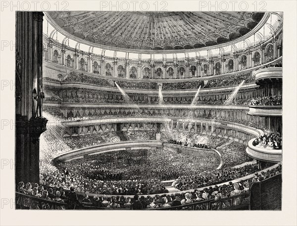 THE STATE CONCERT AT THE ROYAL ALBERT HALL: GENERAL EFFECT OF THE LIME-LIGHT, LONDON, UK, 1873 engraving