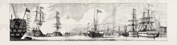 THE NAVAL REVIEW AT SPITHEAD: VICTORIA AND ALBERT PASSING BETWEEN INDIAN TROOP SHIPS AND OLD WOODEN WALLS, UK, 1873 engraving