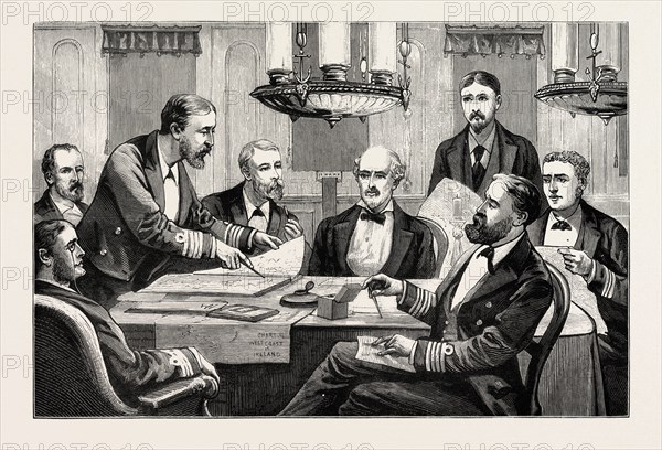 THE DISTRESS IN IRELAND, WITH THE DUKE OF EDINBURGH'S RELIEF SQUADRON: IN THE DECK SALOON OF H.M.S. LIVELY, THE DUKE OF EDINBURGH MARKING OUT THE PLAN FOR THE NEXT DAY'S WORK. Mr. Cole, R.N.; Lieut. and Commander Le Strange; H.R.H. the Duke of Edinburgh; Mr. Rickards R.N. (Secretary); Major Gaskell; Capt. Digby Morant; Dr. Drew