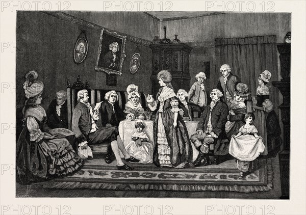 AT TEA, DR. JOHNSON AND OLIVER GOLDSMITH AT MRS. THRALE'S, FROM THE PICTURE BY BEATRICE MEYER, EXHIBITED BY THE SOCIETY OF BRITISH ARTISTS