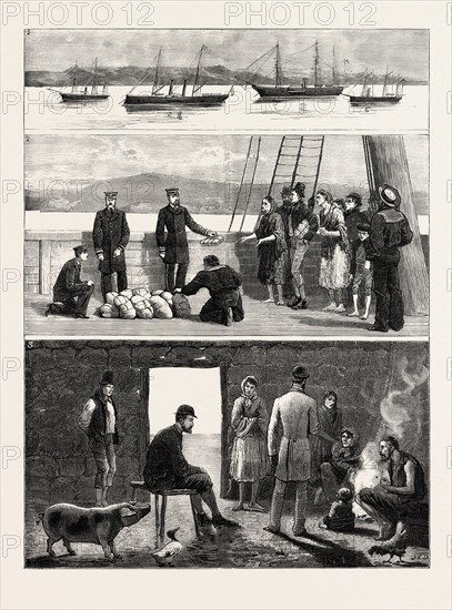 THE RELIEF OF IRISH DISTRESS, VISITING TOUR OF H.R.H. THE DUKE OF EDINBURGH: 1. The Relief Squadron under the Command of the Duke of Edinburgh at Anchor at Kilkerran Bay, Galway. 2. The Duke of Edinburgh Distributing Clothing on Board H.M.S. Lively. 3. On Shore: The Duke of Edinburgh Visiting Distressed Cottagers.