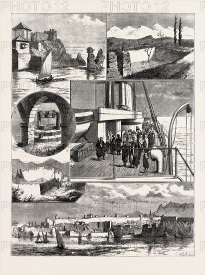 A CRUISE OFF THE COAST OF KARAMANILI, ASIA MINOR: 1. The Consul's House, Adalia. 2. Tomb of Sardanapalus, Tarsus. 3. St. Paul's Well at Tarsus. 4. Natives Visiting H.M.S. Monarch. 5. Agdaliman. 6. Adalia.